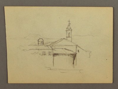 Tegning, Kirketårn og tilstødende bygninger, muligvis 1868-69 af Frederic Edwin Church