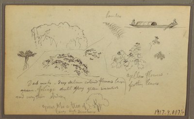 Tegning, kirke, tårne; bagside: Figurer i kano, botaniske skitser, 1857 af Frederic Edwin Church