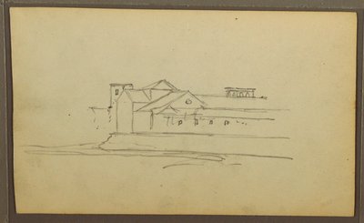 Tegning, kirke, tårne; bagside: Figurer i kano, botaniske skitser, 1857 af Frederic Edwin Church
