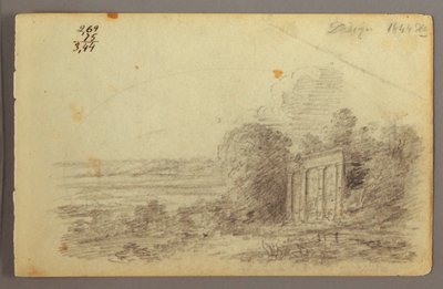 Tegning, klassisk ruin, træer, 1844 af Frederic Edwin Church