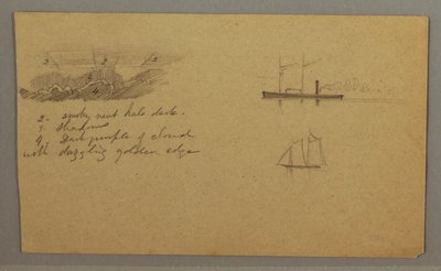 Tegning, skystudie, dampskib, sejlbåd, muligvis 1865-66 af Frederic Edwin Church
