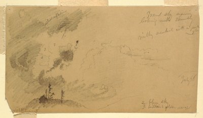 Tegning, overskyet aftenhimmel over en bjergkæde, juli 1866 af Frederic Edwin Church