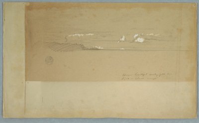 Tegning, Skyet himmel over bakket og skovklædt slot, muligvis 1857 af Frederic Edwin Church