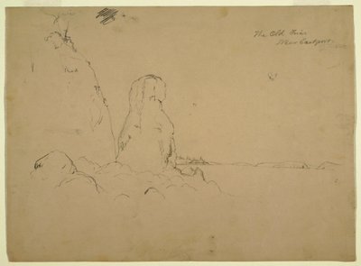 Tegning, kyst med "The Old Friar Neaer Eastport", ca. 1851 af Frederic Edwin Church