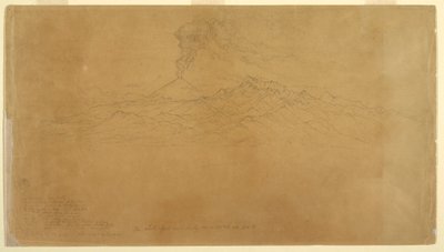 Tegning, Cotapaxi-vulkanen i udbrud bag bjergkæder, Ecuador, 1857 af Frederic Edwin Church
