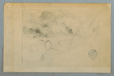 Tegning, fjernt syn af Sangay-vulkanen i udbrud, Ecuador, 1857-62 af Frederic Edwin Church