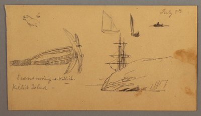 Tegning, Hund, sejlbådsstudier, anker, klipper, muligvis 8. juli 1859 af Frederic Edwin Church