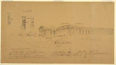Tegning, doriske græske templer for Athena (tidligere Ceres), Hera II (tidligere Neptun) og Hera I (tidligere Basilika), Paestum, Salerno, Italien, april 1869 af Frederic Edwin Church