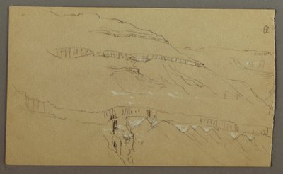 Tegning, El Yemen-dalen, Arabien: Klippevæg med den øverste del, der ligner en række søjler, 20. februar 1868 af Frederic Edwin Church