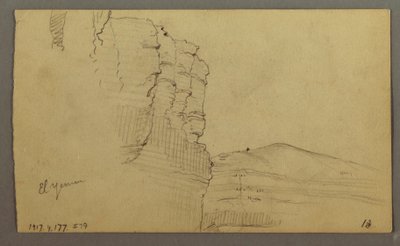 Tegning, El Yemen-dalen, Arabien: Klippevæg med den øverste del, der ligner en række søjler, 20. februar 1868 af Frederic Edwin Church