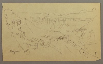 Tegning, El Yemen-dalen, Arabien: Udsigt over en snoet dal med en karavane, 20. februar 1868 af Frederic Edwin Church