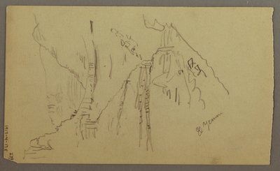 Tegning, El Yemen-dalen, Arabien: Udsigt over en snoet dal med en karavane, 20. februar 1868 af Frederic Edwin Church
