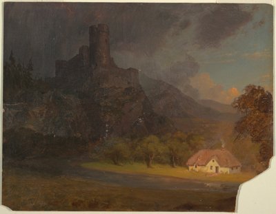 Tegning, engelsk slot og hytte, ca. 1844 af Frederic Edwin Church