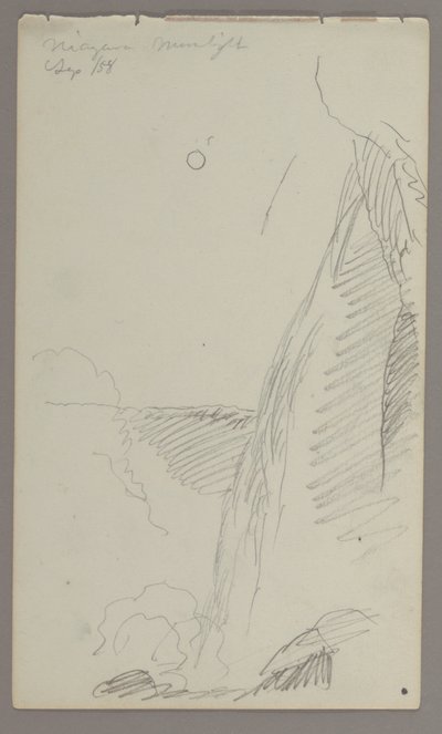 Tegning, vandfald i måneskin, 1858 af Frederic Edwin Church