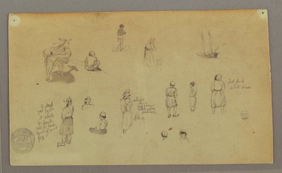 Tegning, Figurstudier, pakkeæsel, sejlbåd, muligvis 1868 af Frederic Edwin Church