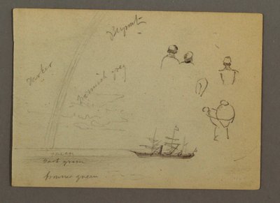Tegning, figurstudier, sejlskib, regnbue, muligvis 1868 af Frederic Edwin Church