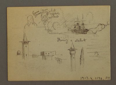 Tegning, figurstudier, sejlskib, regnbue, muligvis 1868 af Frederic Edwin Church
