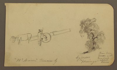Tegning, Figur og oksekærre, cypresstræ; bagside: Udsigt over Cuitzeo-søen, januar 1885 af Frederic Edwin Church