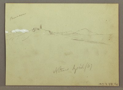Tegning, Fåreflok og hyrde, snedækkede bjergkæder, april 1869 af Frederic Edwin Church