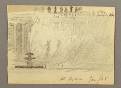 Tegning, springvand på pladsen ved Peterskirken, Rom, Italien, januar 1868 af Frederic Edwin Church