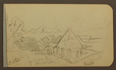 Tegning, have, hus, Cuautla; bagside: kirke, lade, Cuautla, februar 1885 af Frederic Edwin Church