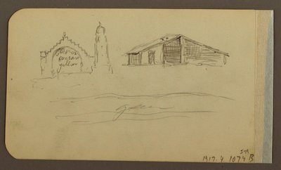 Tegning, have, hus, Cuautla; bagside: kirke, lade, Cuautla, februar 1885 af Frederic Edwin Church