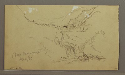 Tegning, Gletsjer, bro og hus, september 1868 af Frederic Edwin Church