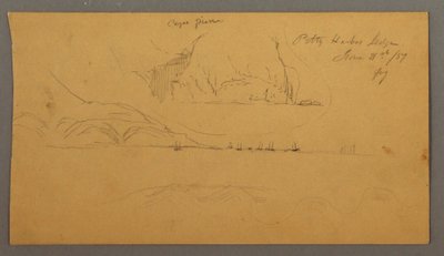 Tegning, havn, sejlbåde, bjerge, 21. juni 1859 af Frederic Edwin Church