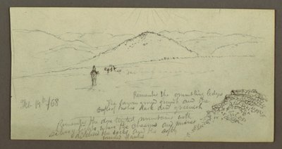 Tegning, Dynge af sten, slette og bjerge, Sun, 19. februar 1868 af Frederic Edwin Church