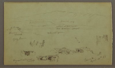 Tegning, bjergkæde over slette, ruiner, 28. april 1868 af Frederic Edwin Church