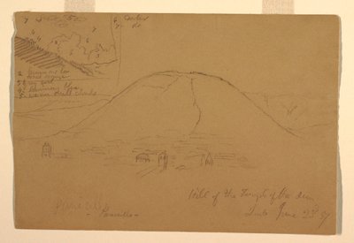 Tegning, bakken ved soltemplet, Quito, Ecuador, 23. juni 1857 af Frederic Edwin Church