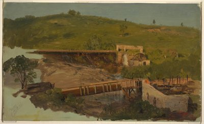 Tegning, bakke med viadukter og ødelagte møller, nær Catskill, New York, ca. 1865 af Frederic Edwin Church