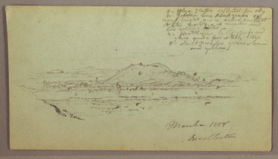 Tegning, bakker, flod, marts 1858 af Frederic Edwin Church