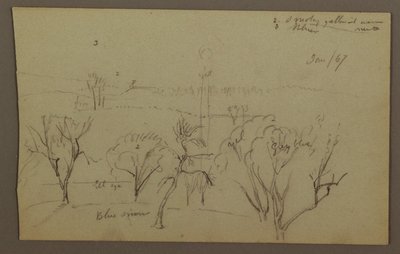 Tegning, bakker, træer, lav sol, 1867 af Frederic Edwin Church