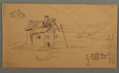 Tegning, Hlaf-Ruined House in Valley, to figurer, 1868 af Frederic Edwin Church