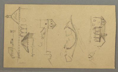 Tegning, hus, bro, slot, hustage, august 1868 af Frederic Edwin Church