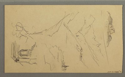 Tegning, hus, bro, slot, hustage, august 1868 af Frederic Edwin Church