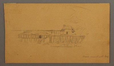 Tegning, Hus og havn, muligvis 1859 af Frederic Edwin Church