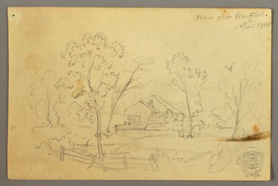 Tegning, Hus i skoven ved et vandløb, april 1845 af Frederic Edwin Church