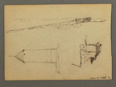 Tegning, Hus over klippe, tårne, muligvis 1868 af Frederic Edwin Church
