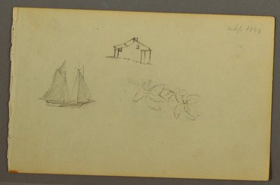 Tegning, Hus, sejlbåd, plante, september 1844 af Frederic Edwin Church