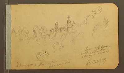 Tegning, huse, tårn, 23. februar 1889 af Frederic Edwin Church