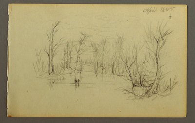 Tegning, Htakie () Pond, to personer i kano, 1845 af Frederic Edwin Church