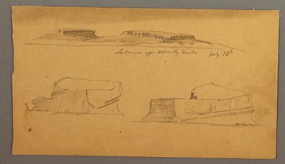 Tegning, Ø ud for Henly Harbor og to flydende isbjerge, 16. juli 1859 af Frederic Edwin Church