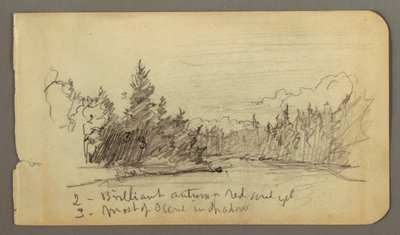 Tegning, sø omgivet af træer, muligvis 1878 af Frederic Edwin Church
