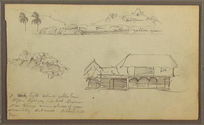 Tegning, Landskab, trætoppe, hus, 1857 af Frederic Edwin Church