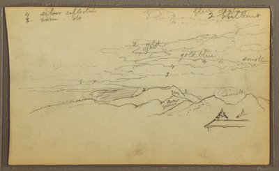 Tegning, landskab; bagside: Båd, botaniske skitser, 1857 af Frederic Edwin Church