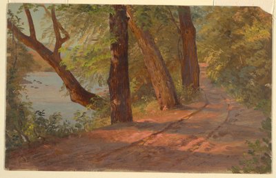 Tegning, Landskab fra Nordamerika (Vej ved en sø), ca. 1875 af Frederic Edwin Church