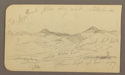 Tegning, Landskab, huse; Bagside: Trætop, februar 1885 af Frederic Edwin Church
