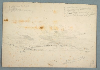 Tegning, Landskab i Hudson Valley; bagside: Skitse af kirke med træskibe, 14. juni 1870 af Frederic Edwin Church